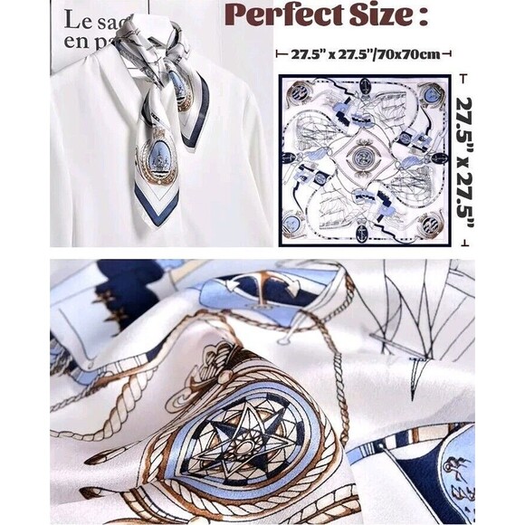 Roizsx Fashion Head Scarf Square Satin for Hair Beach Print Old Ship Navy/White - Picture 8 of 12